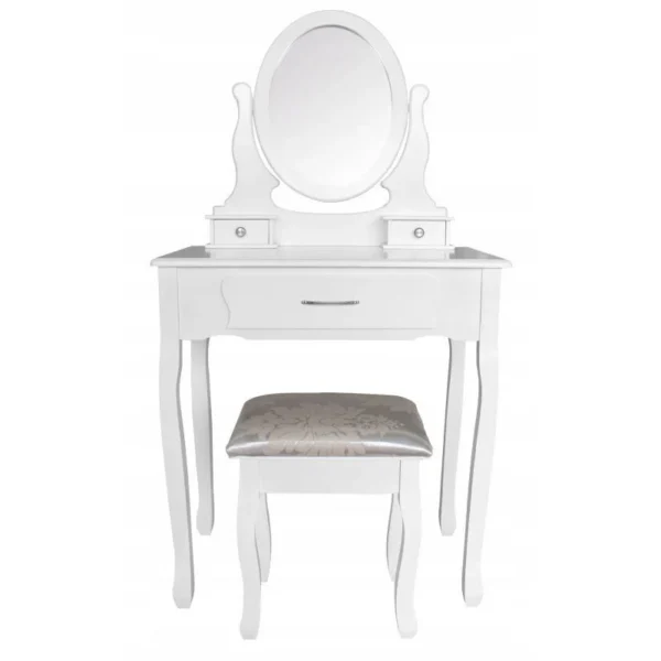 Set masa de toaleta si scaun, oglinda ovala, 3 sertare, design vintage, alb - imagine 3
