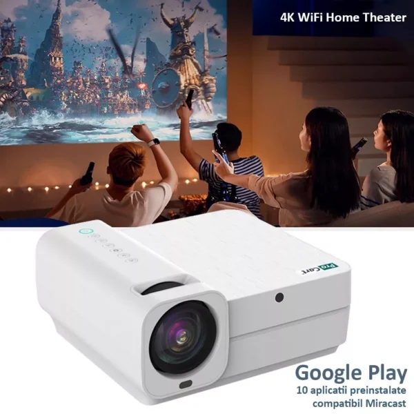 Video proiector 4k wifi home theater, google play, hdmi, usb, 7000 lm, av, micro sd, telecomanda - imagine 1