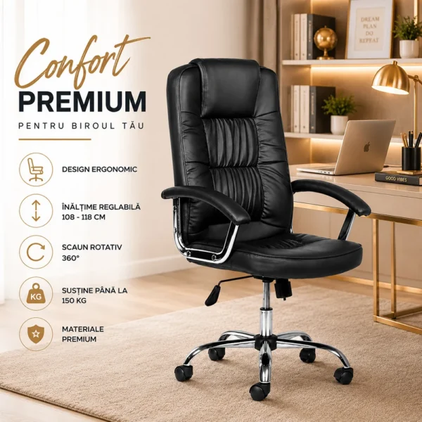 Scaun ergonomic directorial, inaltime reglabila 108-118 cm, rotativ, maxim 150 kg, negru - imagine 18