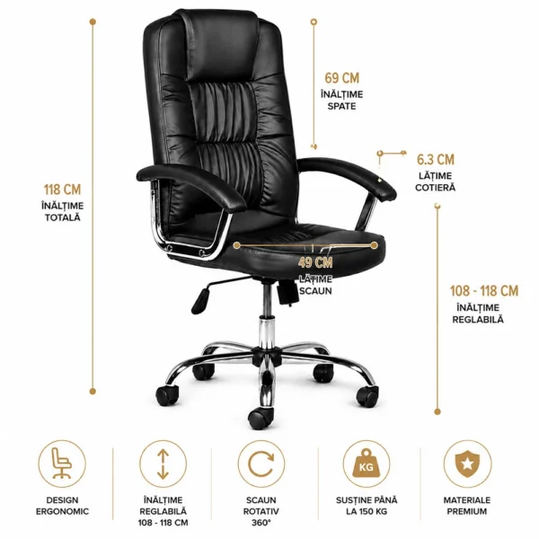 Scaun ergonomic directorial, inaltime reglabila 108-118 cm, rotativ, maxim 150 kg, negru - imagine 17