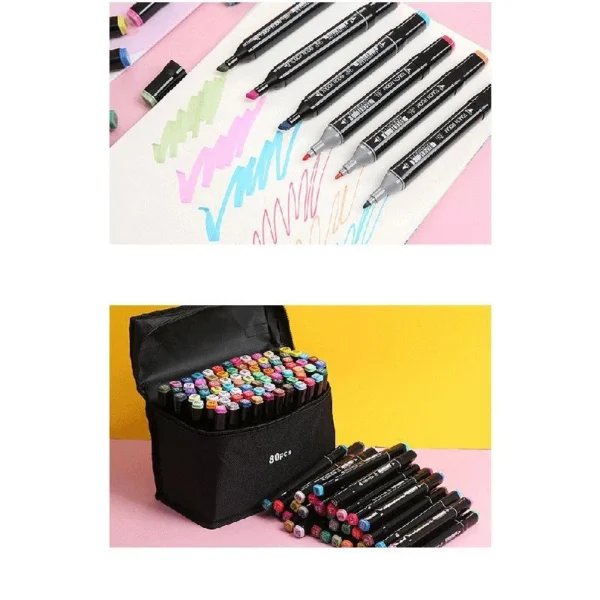 Set 80 markere colorate cu varf dublu, geanta depozitare - imagine 2