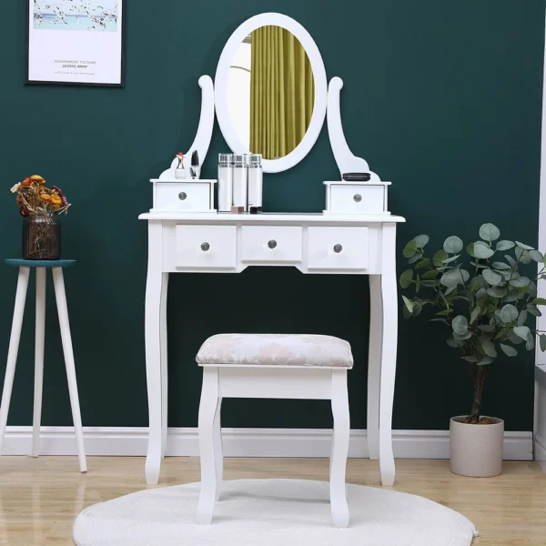 Set masa de toaleta 140x80x40 cm, oglinda si scaun incluse, 5 sertare - imagine 3