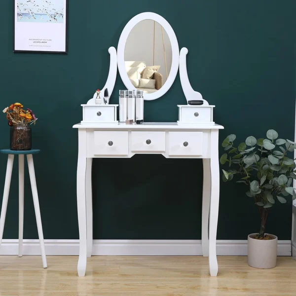 Set masa de toaleta 140x80x40 cm, oglinda si scaun incluse, 5 sertare - imagine 8