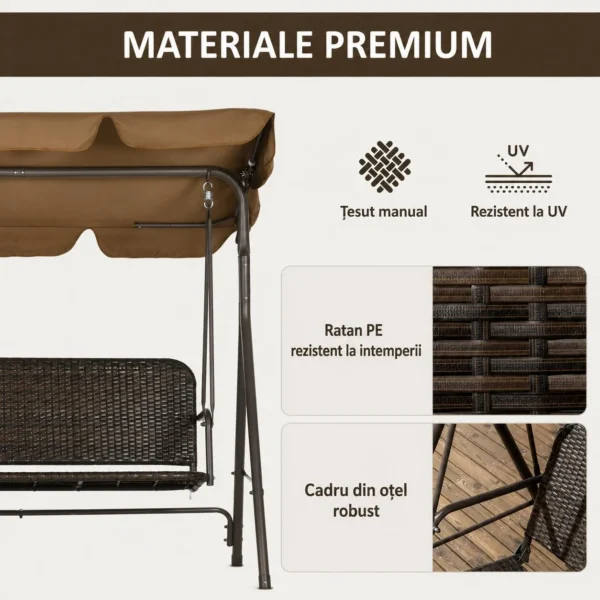 Balansoar gradina, maro si negru, 167x112x153 cm, ratan sintetic, max 240 kg, Terranova - imagine 7