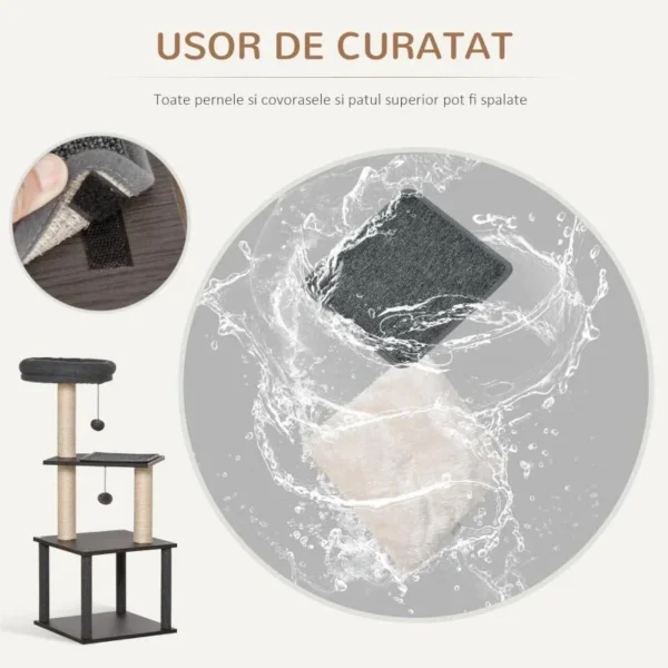 Ansamblu de joaca pentru pisici, cu platforme, culcus si ciucuri, gri si bej, 40x40x104 cm - imagine 4