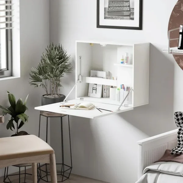 Birou de perete, suspendat, pliabil, MDF, cu raft, alb, max 40 kg, 60x21.5x50 cm - imagine 10