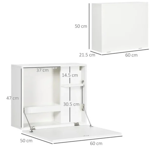 Birou de perete, suspendat, pliabil, MDF, cu raft, alb, max 40 kg, 60x21.5x50 cm - imagine 9