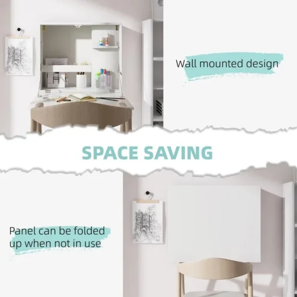 Birou de perete, suspendat, pliabil, MDF, cu raft, alb, max 40 kg, 60x21.5x50 cm - imagine 8