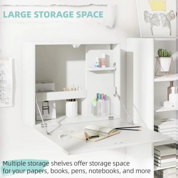 Birou de perete, suspendat, pliabil, MDF, cu raft, alb, max 40 kg, 60x21.5x50 cm - imagine 7