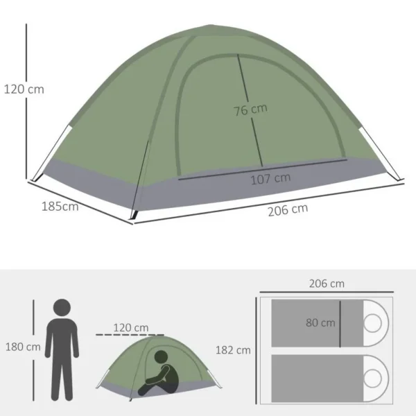 Cort camping, 2 persoane, cu geanta, verde, 206x185x120 cm - imagine 7