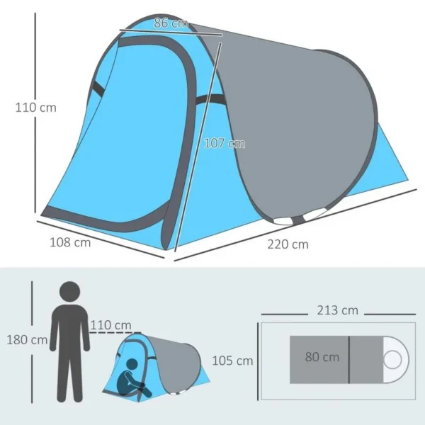 Cort camping, 2 persoane, impermeabil, tip igloo, cu husa, albastru deschis, 220x108x110 cm - imagine 7