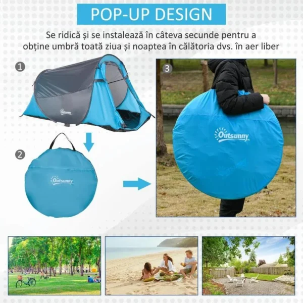 Cort camping, 2 persoane, impermeabil, tip igloo, cu husa, albastru deschis, 220x108x110 cm - imagine 6