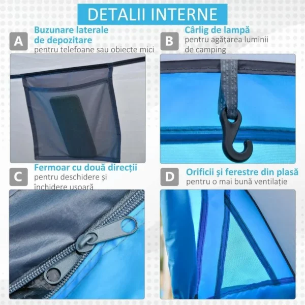 Cort camping, 2 persoane, impermeabil, tip igloo, cu husa, albastru deschis, 220x108x110 cm - imagine 5