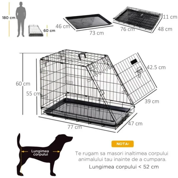 Cusca pentru caine, metal, plastic, cu maner transport, pliabila, negru, 48x76x55 cm - imagine 12