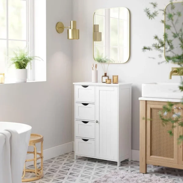 Dulap baie, Artool, MDF, 2 rafturi, 4 sertare, 1 usa, alb, 55x30x82 cm - imagine 9