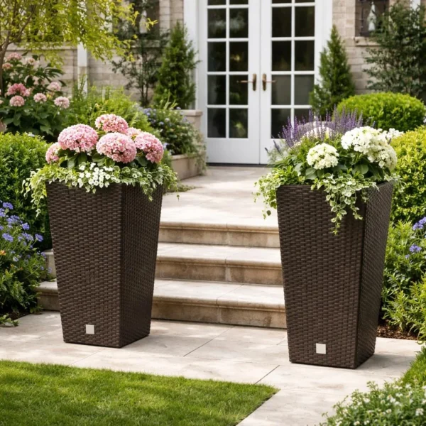 Set 2 ghivece de flori, Rato, imitatie ratan, inalte, 32.5x32.5x61 cm, maro, Prosperplast - imagine 7