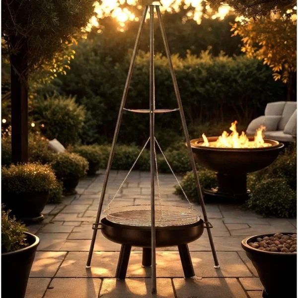 Gratar de gradina cu carbuni, grill rotund, trepied ajustabil, 64.5x64.5x150 cm, Chomik - imagine 4