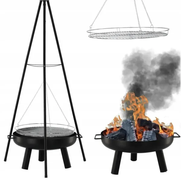 Gratar de gradina cu carbuni, grill rotund, trepied ajustabil, 64.5x64.5x150 cm, Chomik - imagine 7