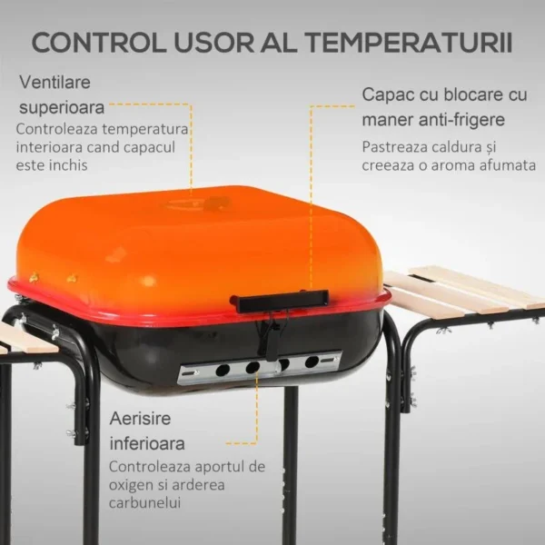 Gratar gradina cu carbuni, grill dreptunghiular, cu roti, capac, rafturi, 43 cm, 98x49x81 cm - imagine 10