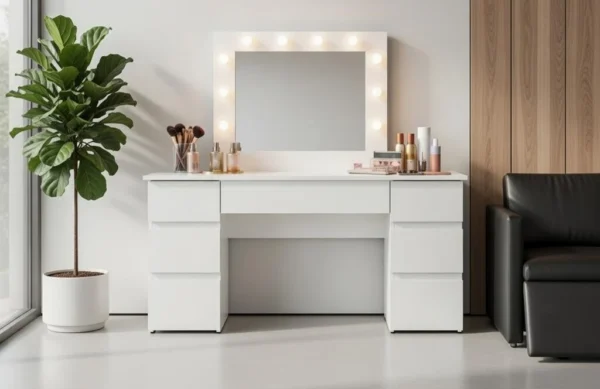Masa de toaleta/machiaj, Antonia, alba, cu oglinda si LED-uri, 155x41x137 cm - imagine 5
