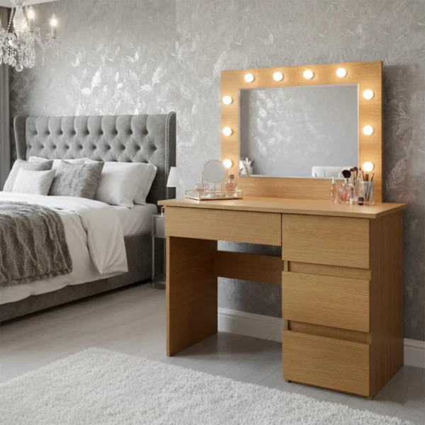 Masa de toaleta/machiaj, Irina, stejar, cu oglinda si LED-uri, 94x43x141 cm - imagine 2