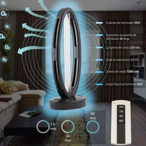 Lampa UV-C germicida cu dubla sterilizare, telecomanda si temporizator, UVCX, 38W – 60 mp