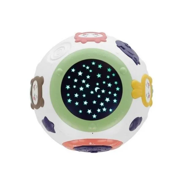 Lampa de noptiera cu proiector, pentru copii, muzicala, 4 moduri, 3xAA, mov si alb, 18x14 cm - imagine 3