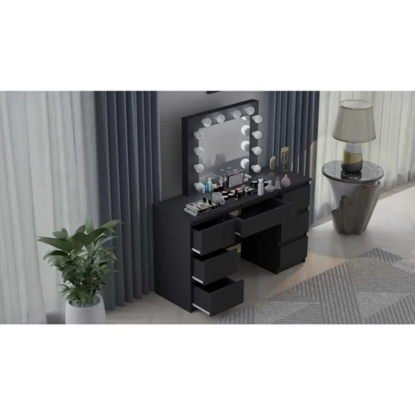 Masa de toaleta/machiaj, negru, cu oglinda si LED-uri, Vanessa130x43x143 cm - imagine 3