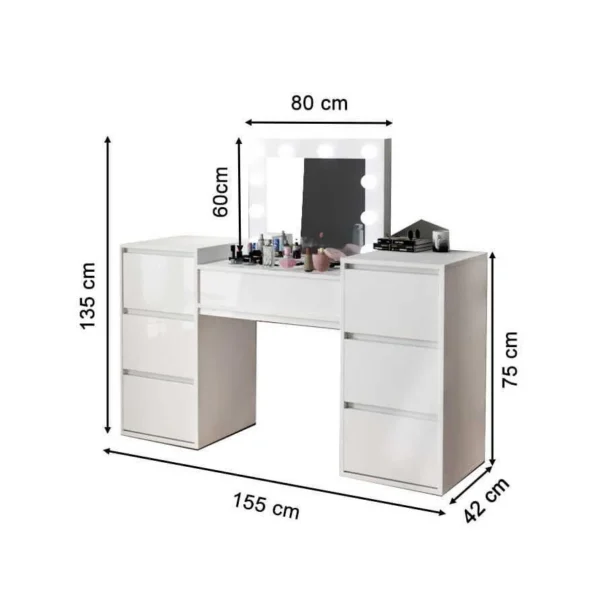 Masa de toaleta/machiaj, alb, cu oglinda si LED-uri, Silvia , 155x42x135 cm - imagine 4