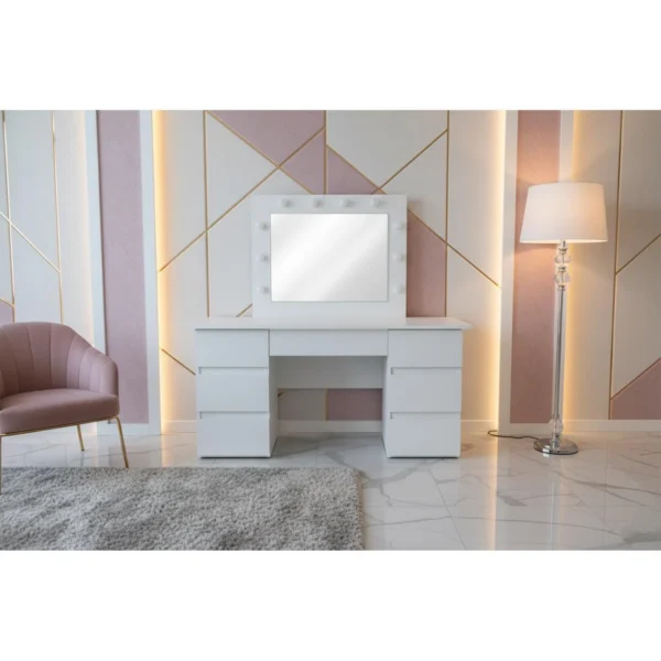 Masa de toaleta/machiaj, Vanessa + scaun Mark, alb, cu oglinda si LED-uri, 130x43x143 cm - imagine 10