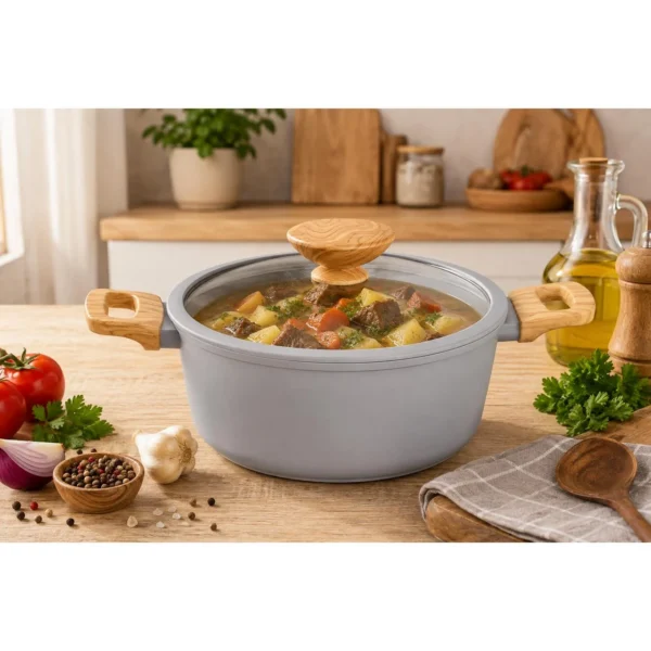 Oala ceramica cu capac de sticla, manere lemn, 4 L, 24 cm, MagicHome Harmony - imagine 5