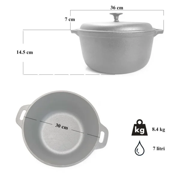 Oala de fonta cu capac, lingura de lemn, 7 L, Perfect Home - imagine 2