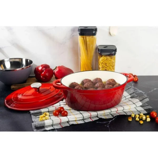 Oala de fonta ovala, emailata cu capac, maner din inox, rosie, 4.4 L, Magic Home - imagine 4