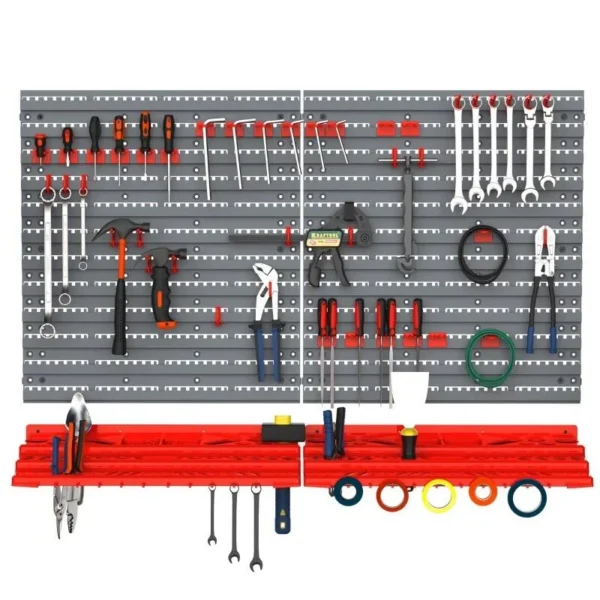 Panou scule, PP, 2 module, 2 rafturi tip suport, 50 de carlige, gri si rosu, max 30 kg, 95.5x53.5 cm - imagine 6