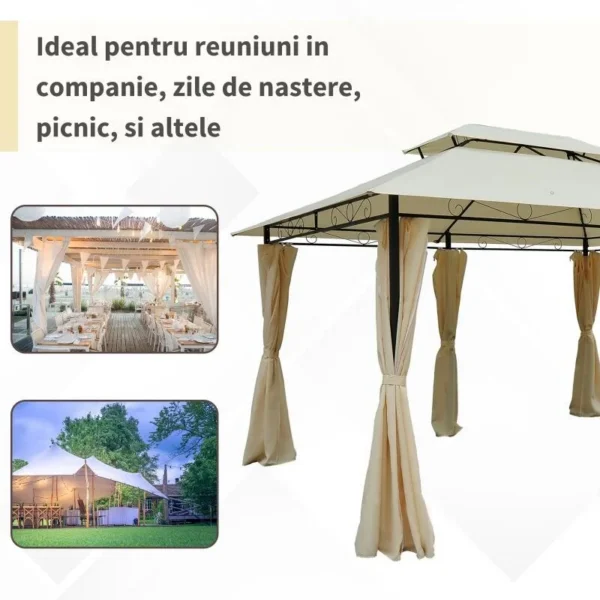 Pavilion/foisor pentru gradina/terasa, cadru metalic, cu perdele, crem, 4x3x2.65 m - imagine 5