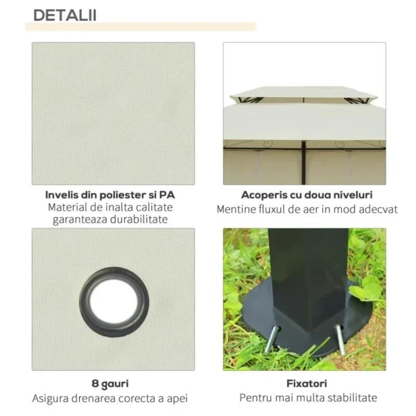 Pavilion/foisor pentru gradina/terasa, cadru metalic, cu perdele, crem, 4x3x2.65 m - imagine 6