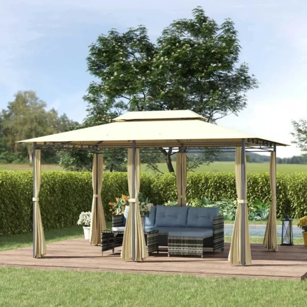 Pavilion/foisor pentru gradina/terasa, cadru metalic, cu perdele, crem, 4x3x2.65 m - imagine 8