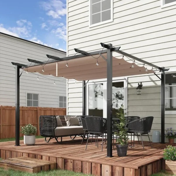 Pergola pentru gradina/terasa, retractabila, cadru aluminiu, gri si maro, 3x3x2.23 m - imagine 11