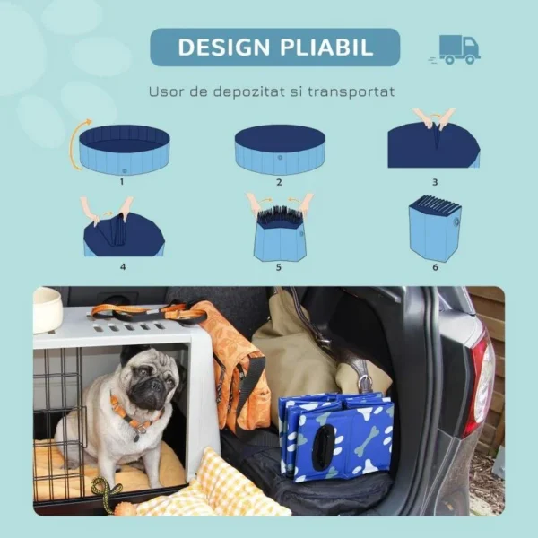 Piscina pentru caini, PVC si panouri din pal, pliabila, albastru, 80x20 cm - imagine 8