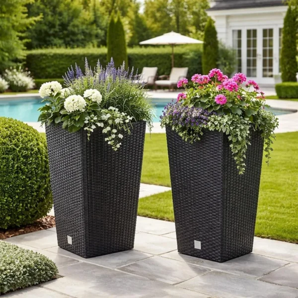 Set 2 ghivece de flori, Rato, imitatie ratan, inalte, 32.5x32.5x61 cm, antracit, Prosperplast - imagine 4