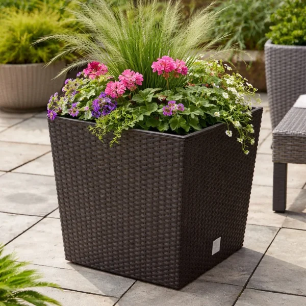 Set 2 ghivece de flori, Rato Low, imitatie ratan, patrate, 40x40x40.8 cm, maro, Prosperplast - imagine 6