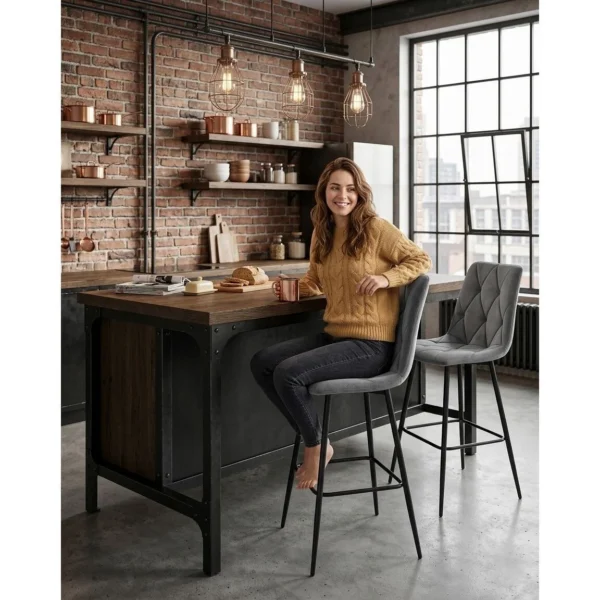 Scaun de bucatarie/bar, Artool, Libra, catifea gri inchis, picioare metal negru, 52x56x112 cm - imagine 3