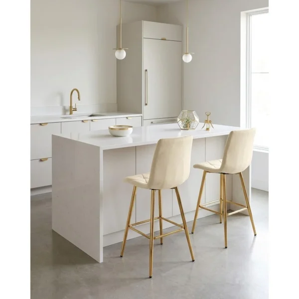 Set 2 scaune de bucatarie/bar, Artool, Libra, catifea bej deschis, picioare metal auriu, 52x56x112 cm - imagine 11