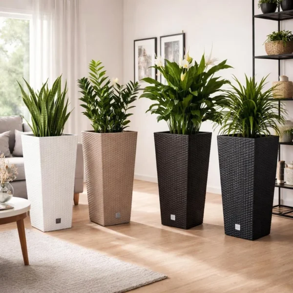 Set 2 ghivece de flori, Rato, imitatie ratan, inalte, 32.5x32.5x61 cm, alb, Prosperplast - imagine 3