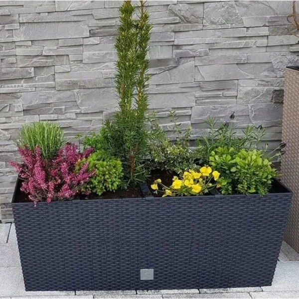 Set 2 jardiniere decorative, sistem irigare, imitatie ratan, antracit, 30 L, 60x25x24 cm, Rato Case - imagine 5