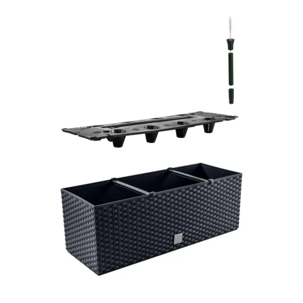 Set 2 jardiniere decorative, sistem irigare, imitatie ratan, antracit, 30 L, 60x25x24 cm, Rato Case - imagine 3