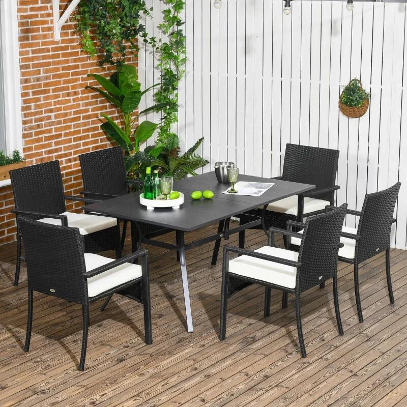 Set mobilier gradina/terasa, negru si bej, ratan sintetic, 1 masa, 6 scaune, Lynna 1 Set mobilier gradina/terasa, negru si bej, ratan sintetic, 1 masa, 6 scaune, Lynna