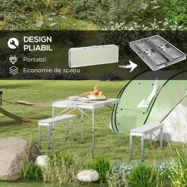 Set mobilier gradina/camping, pliabil, 1 masa, 2 banci, MDF si aluminiu, alb, 90 cm, Frankfurt - imagine 8