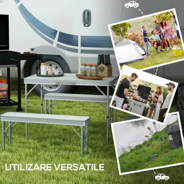 Set mobilier gradina/camping, pliabil, 1 masa, 2 banci, MDF si aluminiu, alb, 90 cm, Frankfurt - imagine 6