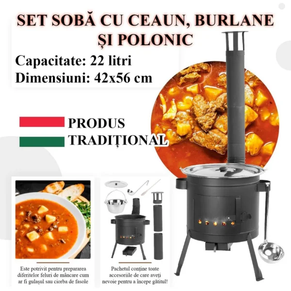 Set soba cu ceaun/tuci, cu burlane, 42 cm, ceaun de 22 L, polonic, lingura de lemn, Artool - imagine 3